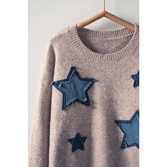 Urban Daizy Taupe Denim Star Patch Cropped Knit Sweater - Picture 2 of 2